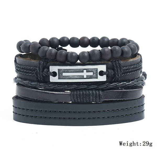 

multilayer 4pcs/set handmade bronze alloy charm men brown black leather cross bracelet for women femme homme male jewelry, Golden;silver