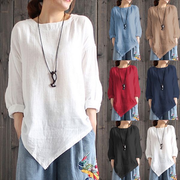 

2019 autumn clothes solid color art irregular hem base cotton linen cotton and linen top, White