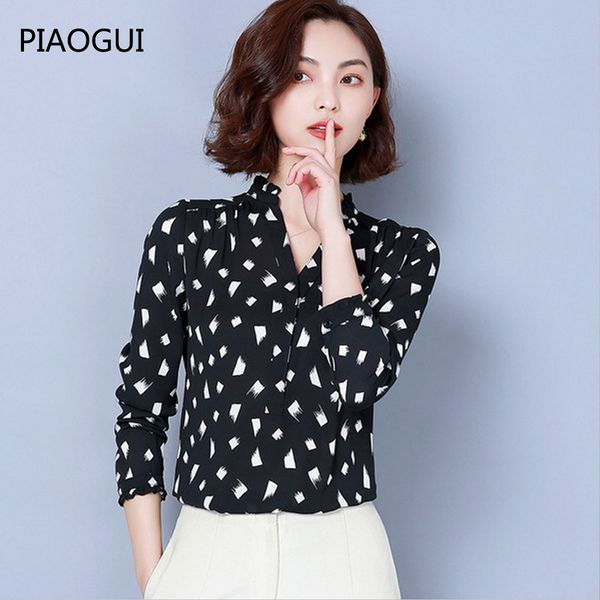 

2019 spring women blouse shirt new fashion casual long sleeve v-neck chiffon blouse plus size dot new arrival black, White