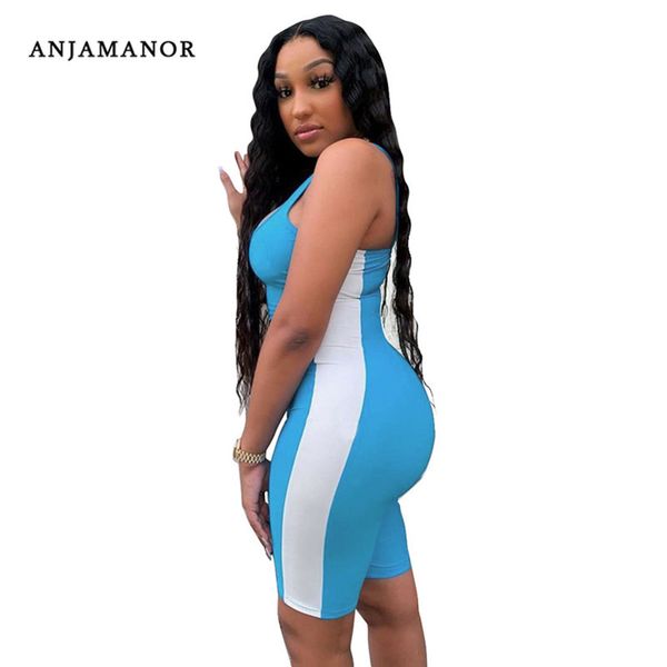 

anjamanor casual rompers womens sleeveless bodycon jumpsuit gym work out color block one piece outfits dropshipping d87-h14, Black;white