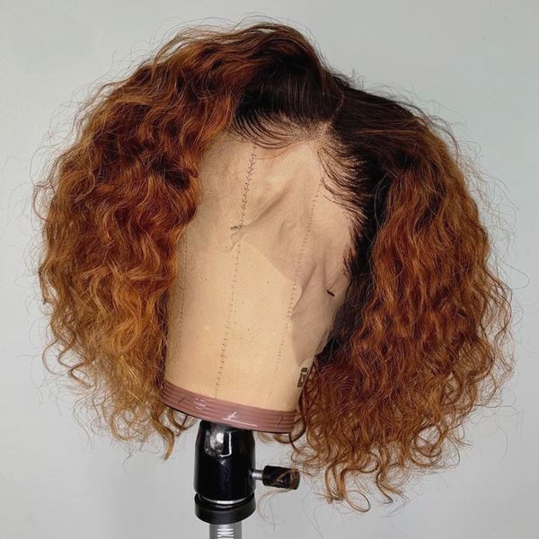

paff full lace wigs brazilian ombre blonde remy human hair short bob curly lace front wigs with baby hair, Black;brown