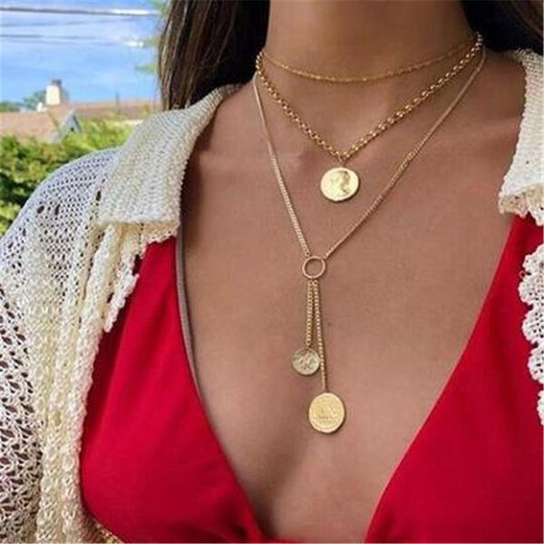 

european new 3-layer head seal long necklace retro fashion simple wafer multi-layer necklace women ins style, Silver