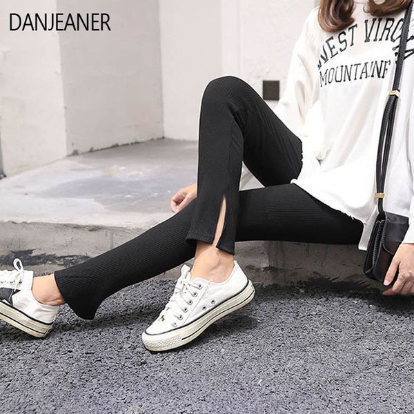 

danjeaner ribbed leggings high elastic autumn winter vertical strip slim warm pants knitted stretch elastic skinny leggings, Black