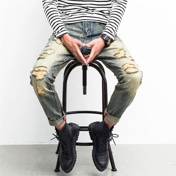 

men slim hole zipper denim jeans skinny frayed pants distressed rip trousers fashion jeans #4f26, Blue