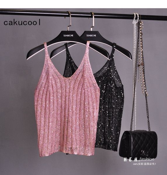 

cakucool gold lurex knit tank women hollow out sleeveless shirt big v neck slim shining basic blouse summer for women, White