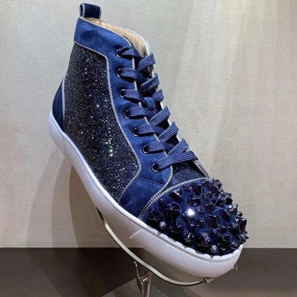 

original box+dust bag]famous brand red bottom spikes orlato red bottom sneakers shiny rhinestone&beads high skateboarding shoes, Black