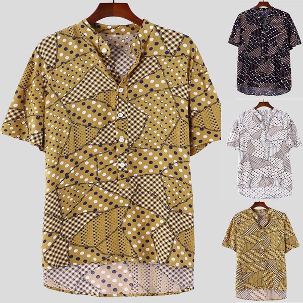 

mens ethnic printed stand collar colorful stripe short sleeve loose shirt, White;black