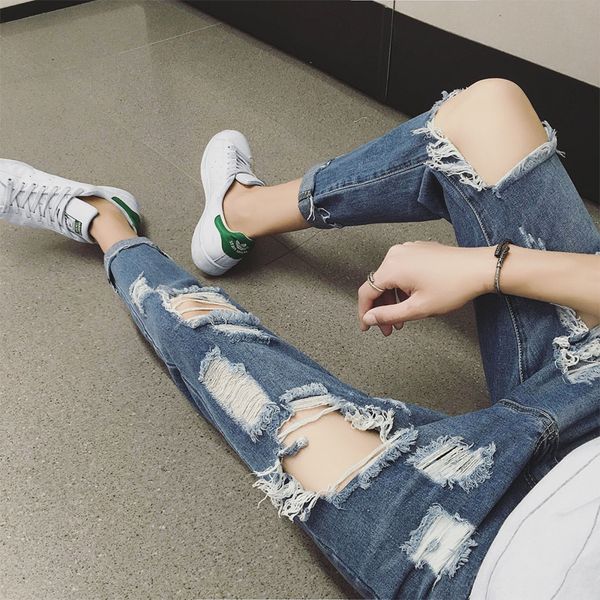 

2019 summer korean version of men's jeans with big holes and tiny feet teenage hipster beggar pants, Blue
