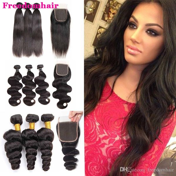 

9а бразильского virgin body wave straight human пучки волос с кружевом закрытия индийского перуанского deep water wave человеческие волосы с, Black