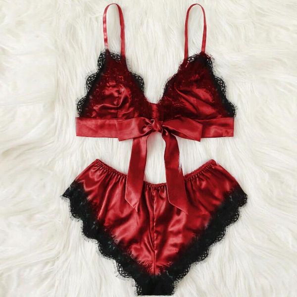 

bras sets women's satin charming lace stitching straps temptation underwear two-piece set lingerie lenceria b4, Red;black