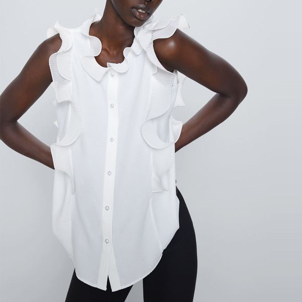

2020 pearl button blouse women sleeveless o-neck tonal pleated ruffle detail summer shirt elegant white woman shirt