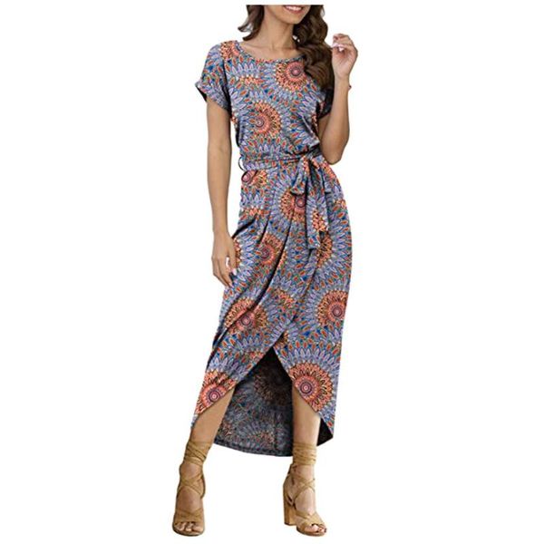 

summer floral print chiffon beach long dress women party dress short sleeve casual boho bandage vestidos 5.15, Black;gray