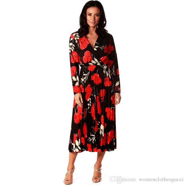 

autumn womens print floral dresses v neck long sleeve casual dresses fashion pleated streetwear female clothing, Black;gray