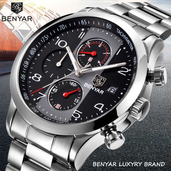 

benyar new quartz chronograph watch men steel waterproof business men's watches sports clock relogio masculino, Slivery;brown