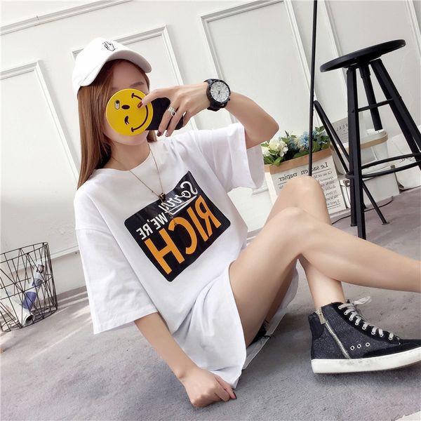 

2019 fat mm cotton t-shirt medium and long loose large size women's cotton short-sleeved t-shirt skirt, White