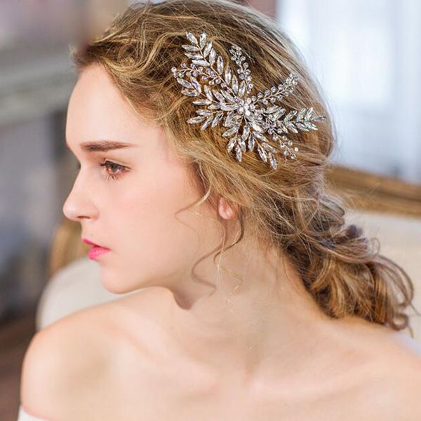 

clear crystal bridal hair combs silver leaves bridal hair accessories handmade wedding hair ornaments women party headpiece, Golden;white