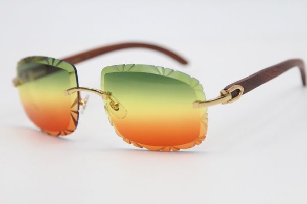

Wholesale T8200762 Carved lens Sunglasses 2020 New Rimless Wood SunGlasses Unisex Gold Wood Glasses Decor Wood frame Glasses Size:62-20-135