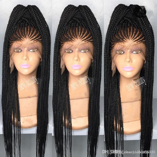 2019 Perruque Long Cornrow Braided Synthetic Lace Front Wigs Black