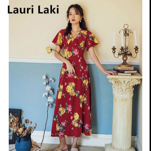 

red floral beach sundress long a-line summer dress 2020 vintage maxi v-neck holiday boho dress with belt bohemian robe, Black;gray