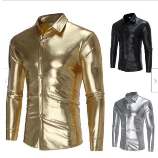 

shiny glitter shirts luxury long sleeve men casual shirts s-xl c88, White;black
