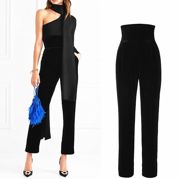 

2020 spring new fashion brand women's pants ultra-high waist slim package hip straight pants black velvet cropped f942, Black;white