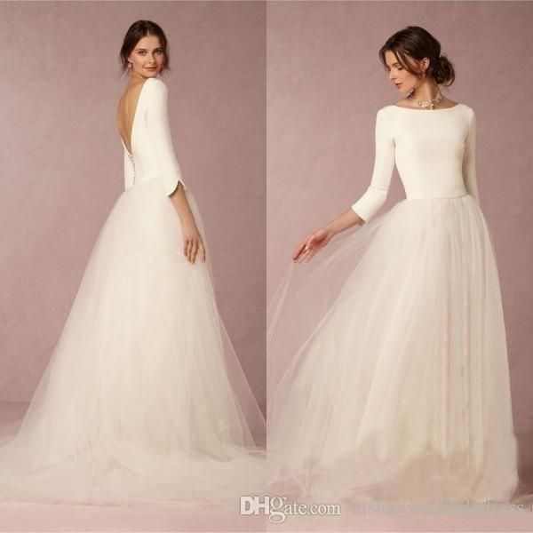 

stunning winter wedding dresses a line satin backless 2019 bridal gowns with sleeves simple design soft tulle skirt sweep train, White