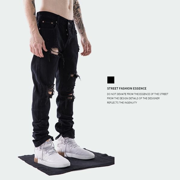 

2018 europe and america popular brand spring and autumn new style men's wear high street washing water worn cut men's jeans trou, Blue