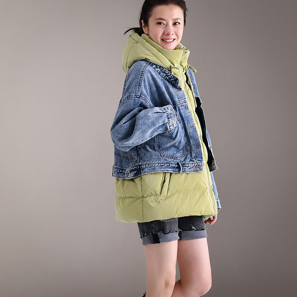 

micoco y1300 korean version avocado green patchwork denim cotton-padded jacket, Black