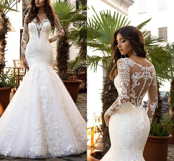 

2022 fabulous lace mermaid wedding dress with illusion long sleeves scoop see though back wedding reception plus size bridal gowns vestidos, White