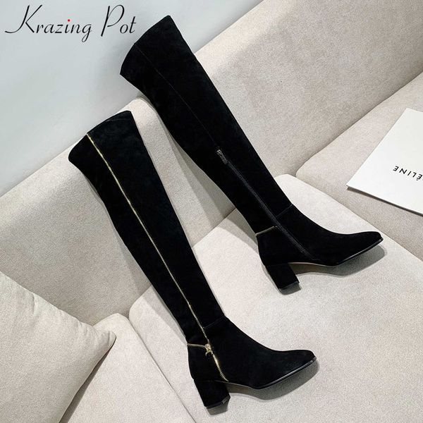 

krazing pot popular fashion streetwear metal zipper long boots square toe high heels winter keep warm women thigh high boots l62, Black