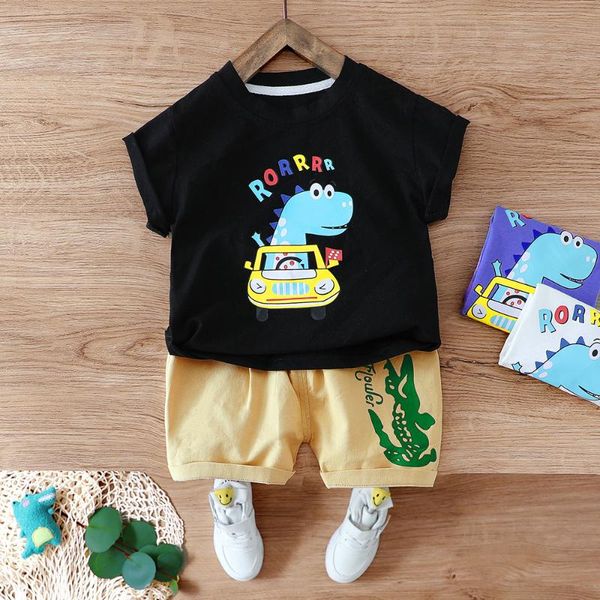 

kid boy clothes set outfit cartoon car dinosaur t shirt + pants 2pcs baby boys clothes vacation clothing, White
