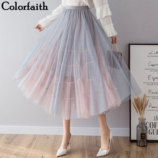 

colorfaith 2019 women casual mesh flared long tutu skirt spring summer pleated skater skirt sweet ball gown high waist sk803, Black