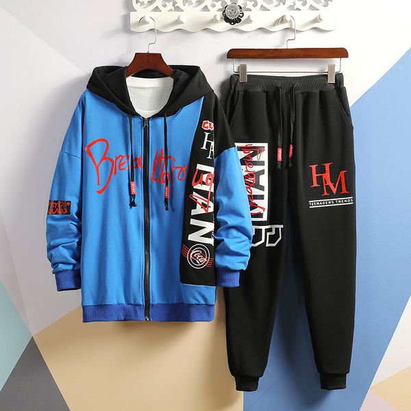 

man's patchwork hip hop hooded hoodies jacket sweatpants 2 piece set suit harajuku sports bomber jackets coat men sweatsuits, Black