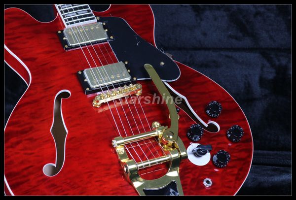 

jer6089 semi hollow body electic guitar quilt maple veneer red color gold hardware