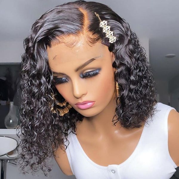 

13x4 lace front human hair wigs for black women 200% short bob curly plucked remy brazilian hairline bleached knots slove hair, Black;brown