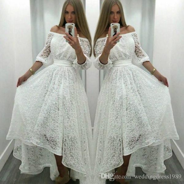 

очаровательные кружева высокая низкая пром платья половина рукава sheer плюс размер с плеча вечерние платья вечернее платье халат де вечер, Black