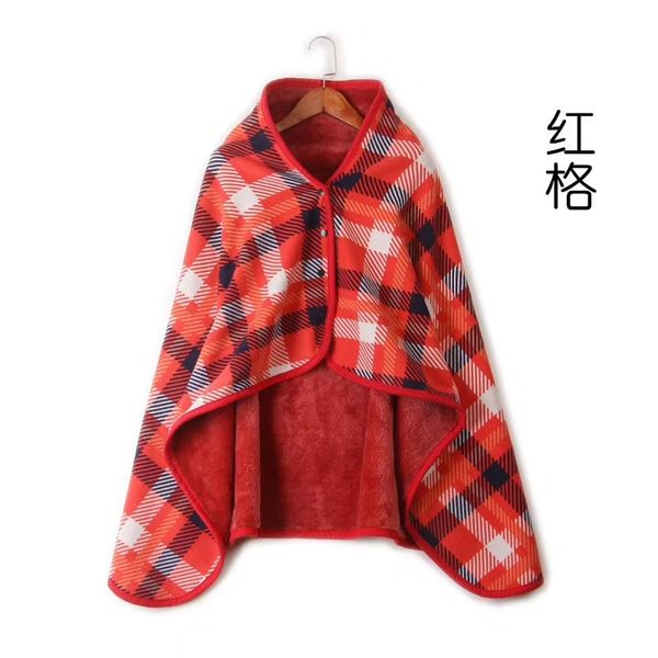 

plaid warm flannel+polar fleece blanket office legs knee throw lazy shawl wearable thick blanket with button bath towel poncho