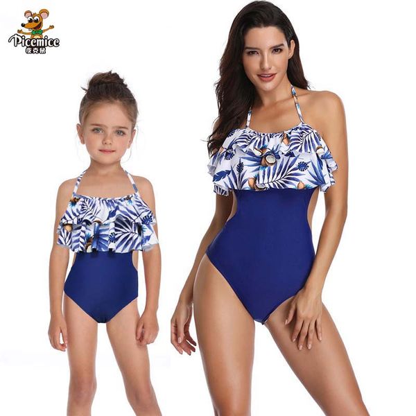 

mother daughter floral blue color bodysuits leisure swimsuit family matching swimwear women bikini for kids female