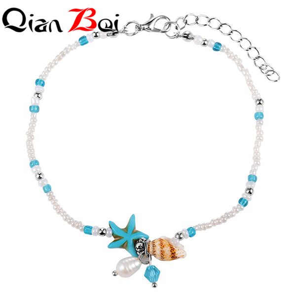 

qianbei starfish pendant anklets for women new stone beads shell anklet bohemian bracelets on leg ocean jewelry, Red;blue