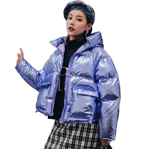 

shiny glossy winter thick warm down jacket women short sweet fluffy hooded parkas ladies loose bread cotton coat womens padded, Black