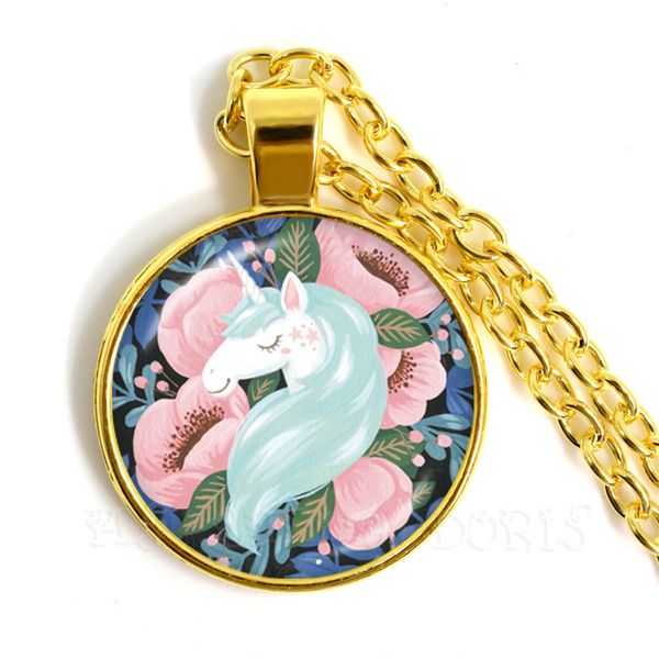 

cute unicorn horses glass dome cabochon necklace jewely gift for kids women men colorful animal picture sweaterchain, Silver