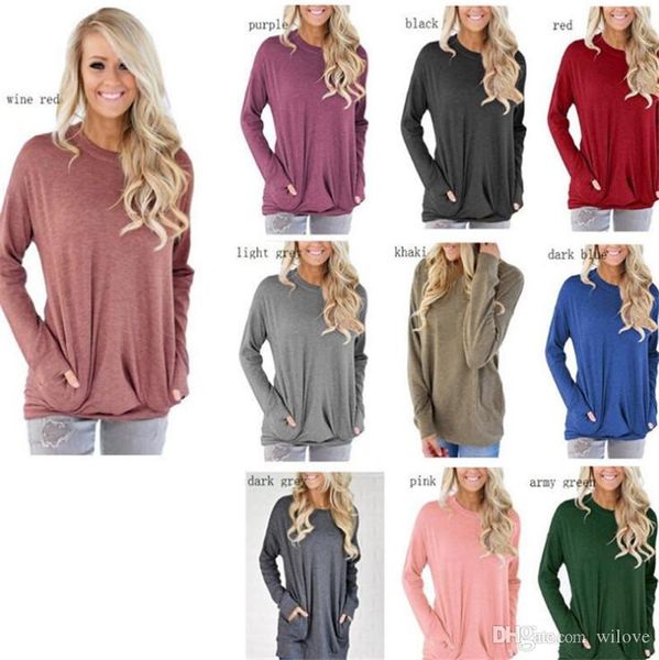 

осень женщина блузы весна тенниска женщин o-образным вырезом длинные рукава свободные футболки большой размер женщин карманный tshirt одежда, White