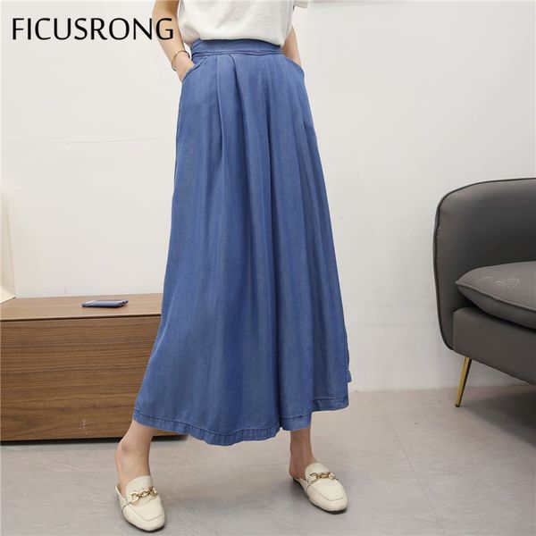 

women's jeans 2021 women summer casual blue denim pants lady streetwear long elastic waist wide-leg hakama culottes ficusrong