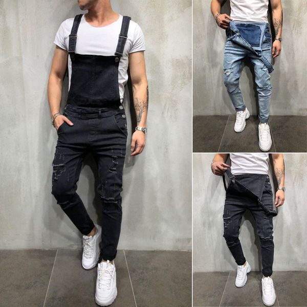 

xxxl xxl plus size ripped jeans jumpsuit men distressed bib overalls man suspender denim pants playsuits trousers, Blue