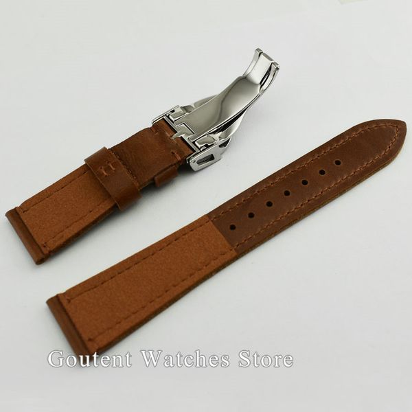 

selling 22mm brown leather wrist watch strap 316l deployment steel buckle, Black;brown