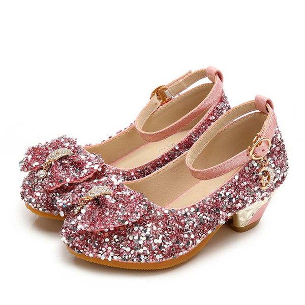 

Girls shoes 2019 spring girls small high heels fashion sequin bow children's dance shoes pink silver princess party dress shoes