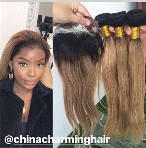 1b 27 Honey Blonde Straight Ombre Human Hair Weave 3 Bundles With