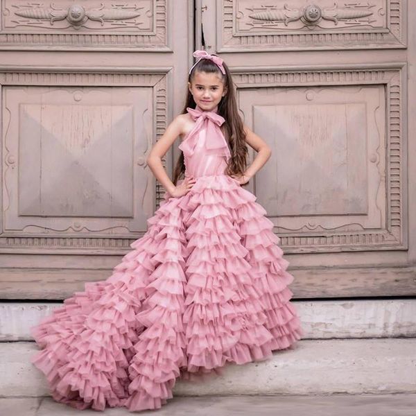 

modern pink ruffles tier flower girls dresses one shoulder ruched a line kids pageant dress tulle child party gowns, White;red