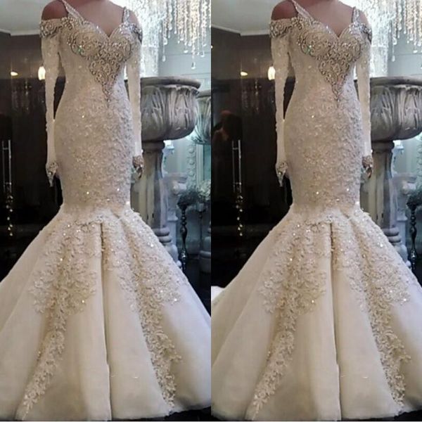 

new arrival beaded long sleeve lace mermaid wedding dresses 2019 plus size custom made wedding bridal gowns ba9986