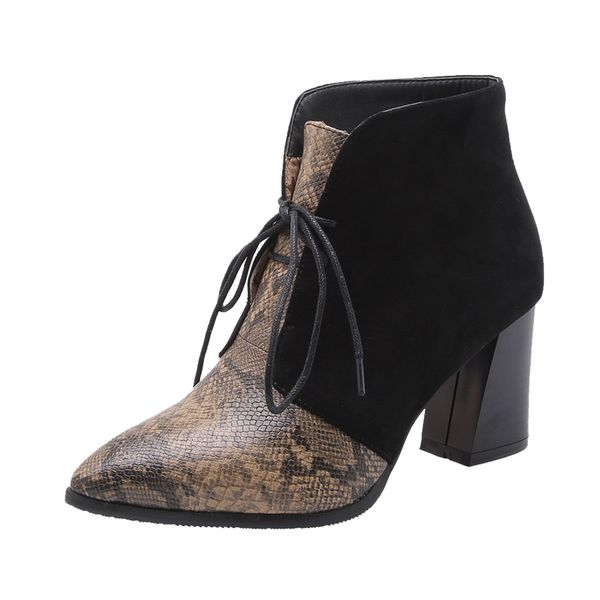 

fashion european style snake grain winter boots pointed toe lace-up boots square root heels ladies vintage women, Black
